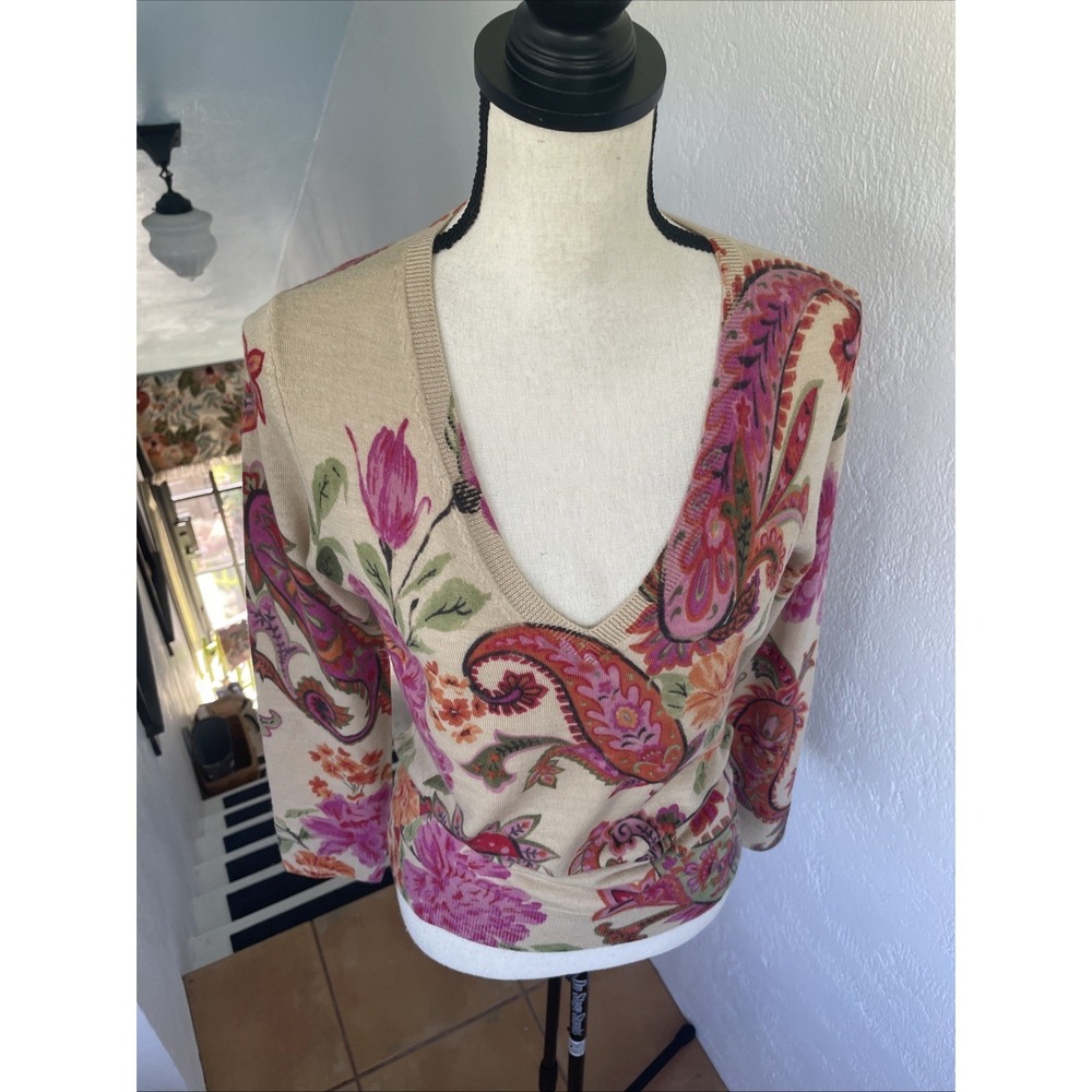 y2k Talbots 100% Merino Wool V-Neck Paisley Sweater Size Petite M Tan Pink Multi - Picture 7 of 7